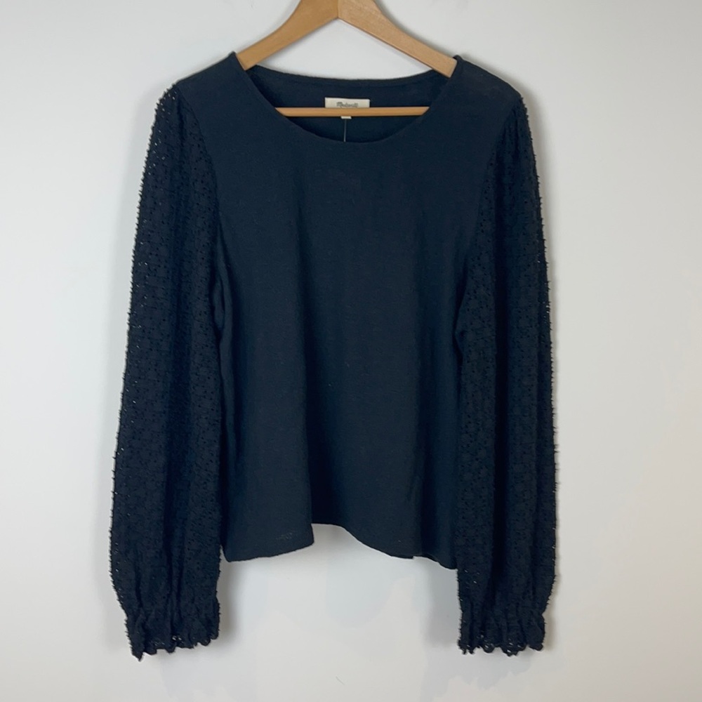 Madewell Texture & Thread Eyelet Mix Ruffle-Sleeve Top Black Size Extra Large